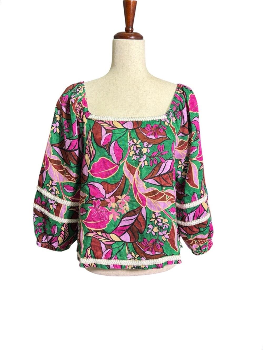NWT Cynthia Rowley 100% Linen Floral Boho Top Green Pink Puff Sleeve Large 0269